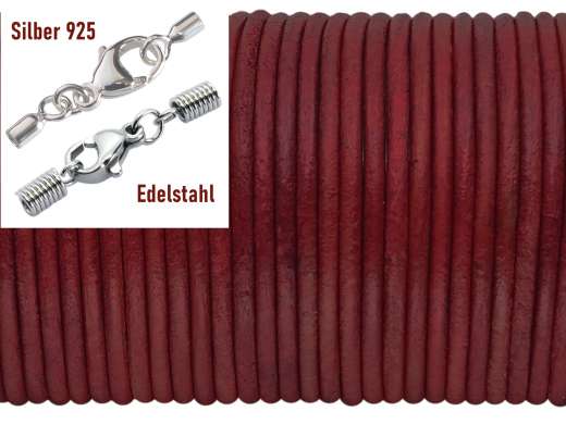 Lederschnur rund Ø 2,0 mm Feuerrot Vintage mit Edelstahl oder Silber Verschluss