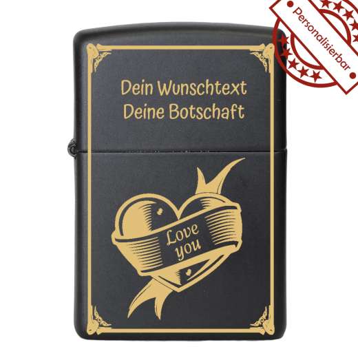 Benzinfeuerzeug mit Gravur • LOVE YOU • Zippo Schwarz matt