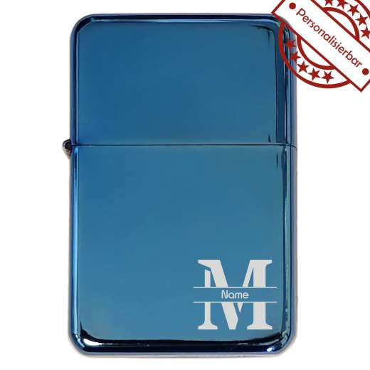 Benzinfeuerzeug mit Gravur • MONOGRAMM 02 • Champ Blau Metallic