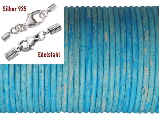 Lederschnur rund Ø 2,0 mm Hellblau Vintage mit Edelstahl oder Silber Verschluss