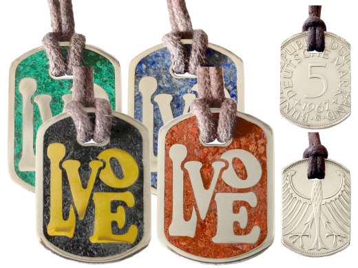 Anhänger Dog Tag 5 DM - LOVE - mit Inlay und Baumwollband